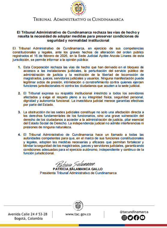 El Tribunal Administrativo de Cundinamarca rechaza las vías de hecho y resalta la necesidad de adoptar medidas para preservar condiciones de seguridad y normalidad institucional